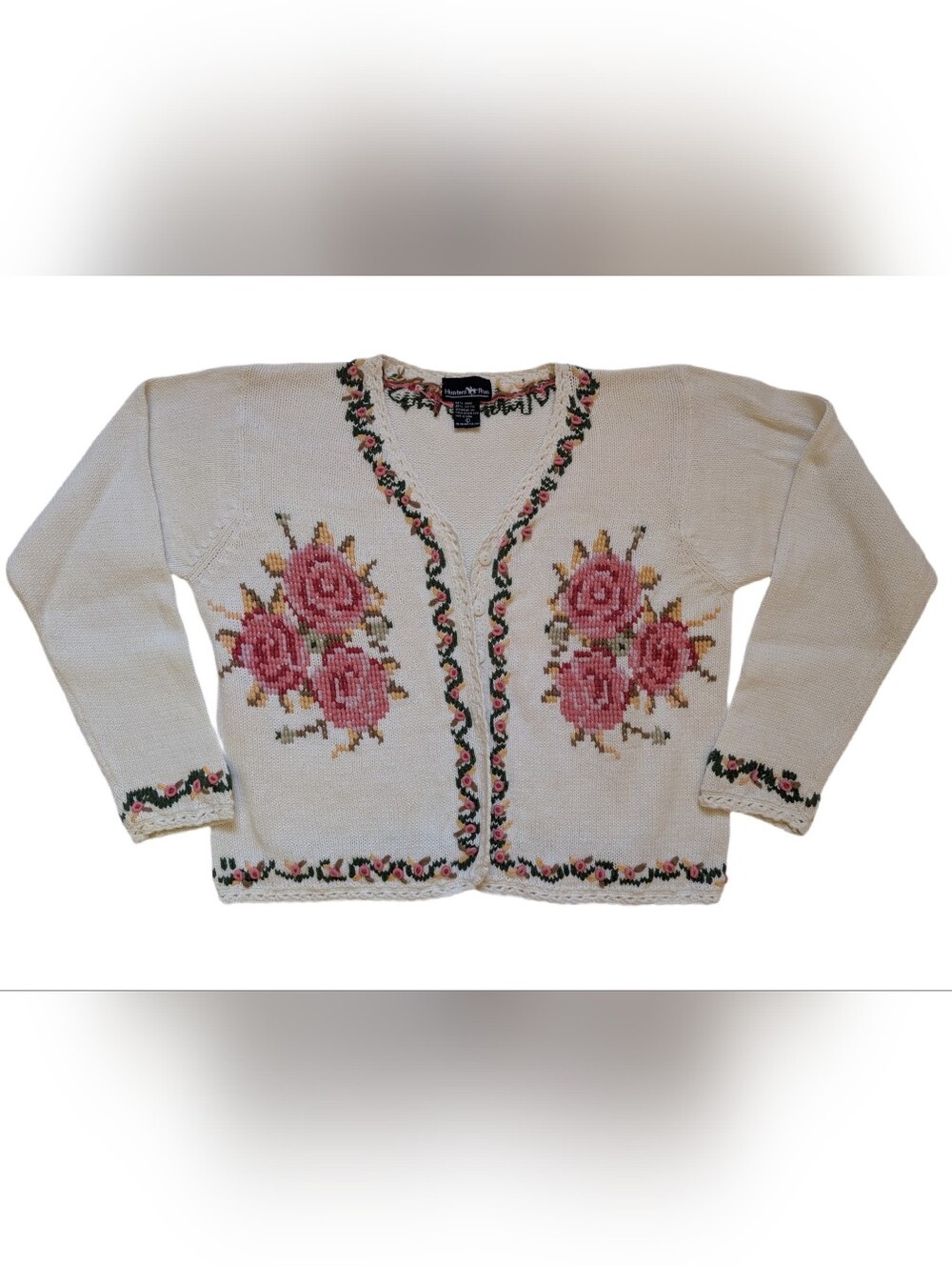 Vintage White Knit Cardigan Embroidered Roses Excellent 40 In Chest Ramie Cotton